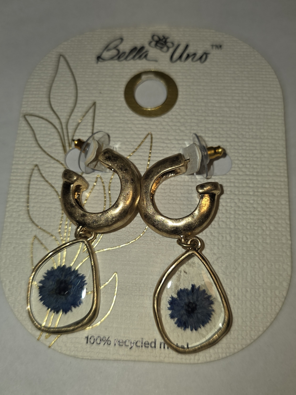 Gold Hoop Earrings with Blue Floral Teardrops Bella Uno Dried Flower Teardrop